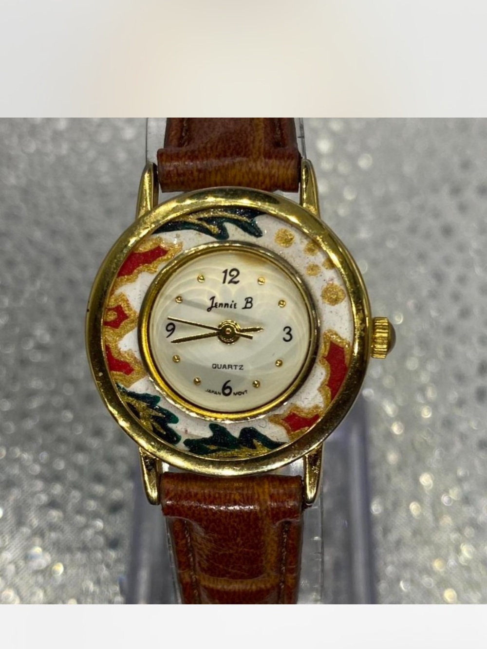 *** Jenni B ^^^Gold-tone Floral Accent Watch / Tan  Leather Strap ^^^